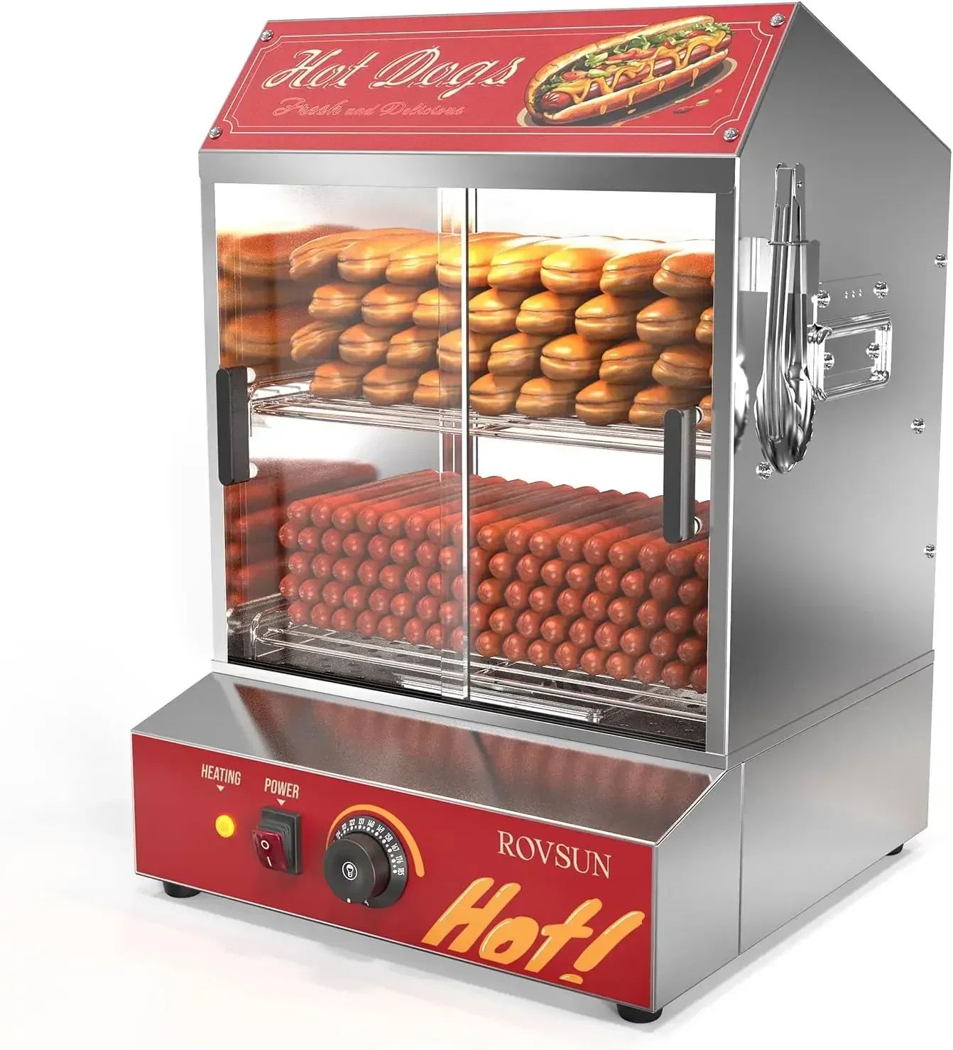 ROVSUN 42.3QT/40L Hot Dog Dampfgarer, 2-stöckiger Hüttendampfer Hot Dog Dampfgarer mit Brötchenwärmer Herd 235 Hot Dogs und 50 Brötchen