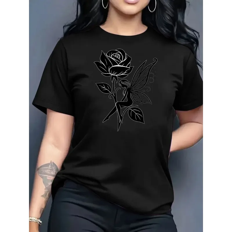 Women Short Sleeve T Shirt Breathable Women's T-shirt 2026 Summer Retro Rose Elf Print Casual  Women's Styles