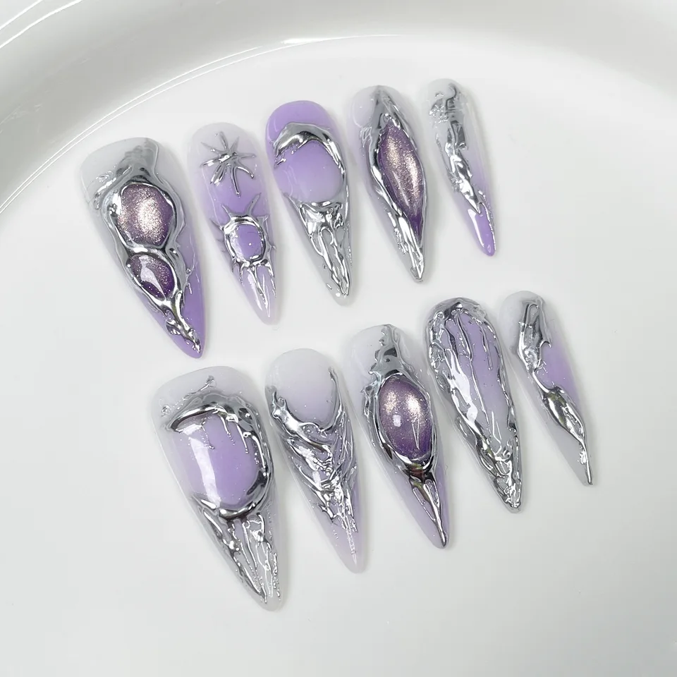 10 piezas de uñas postizas Spice Girl con rayas plateadas metálicas, hechas a mano, largas, efecto ojo de gato azul-rosa, stiletto desmontables 3
