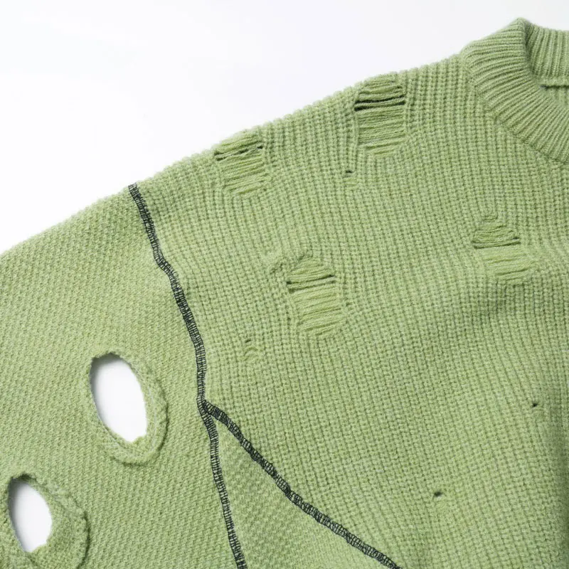 Vintage Sweater Y2K Grunge Distressed Open Knit Jumper Streetwear Hip Hop Ripped Holes Knitted Sweaters Harajuku Casual Pullover