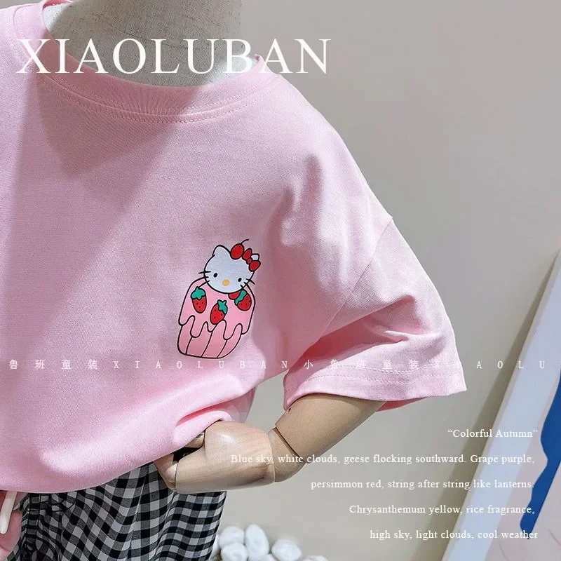 

2025 Hello Kitty Kawaii AnimeSanrio Fashion Children Baby Short Sleeved Shirt Cute Cartoon Cotton Round Neck Shirt Top Gifts