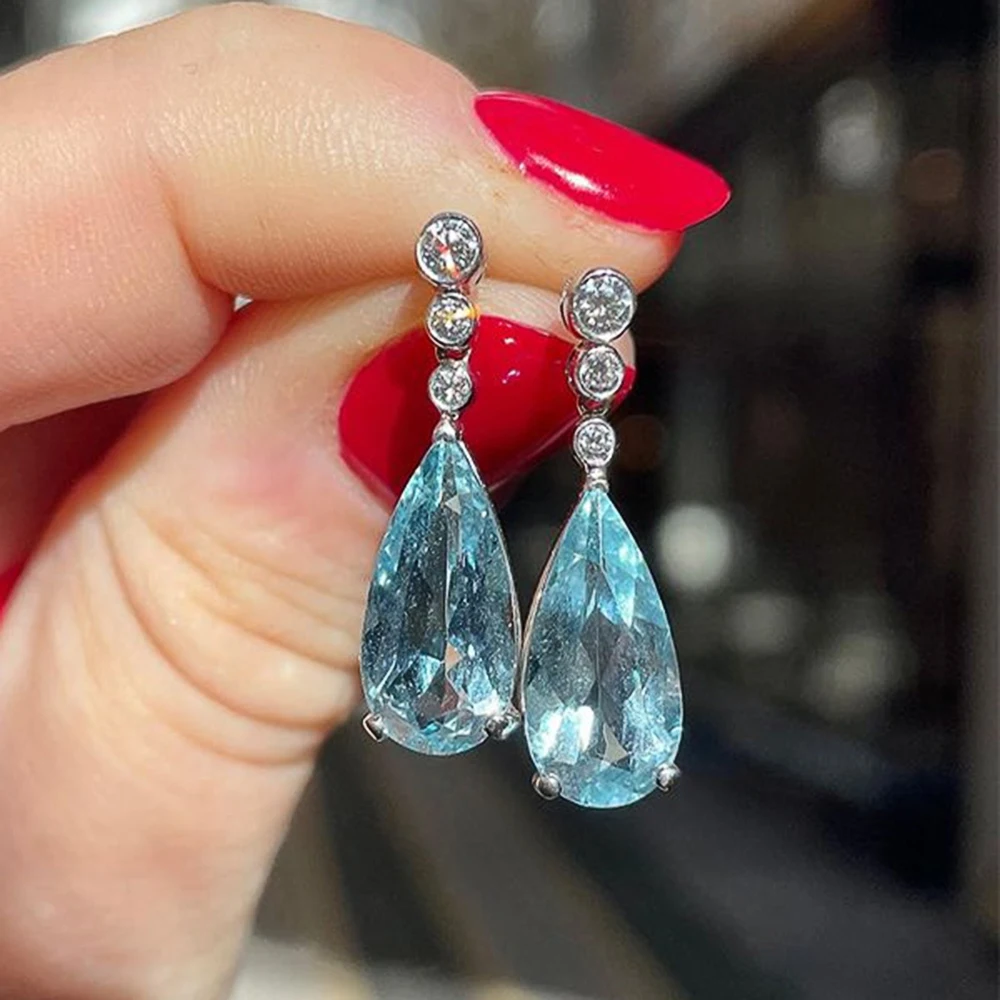 Huitan Modern Fashion Design Blue Pear Cubic Zirconia Drop Earrings Women Engagement Wedding Party Luxury Elegant Lady Jewelry