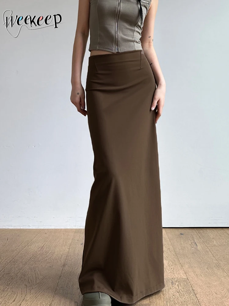 Weekeep Elegant Brown Long Skirt with Slit Summer Casual Vintage Black Skirts for Women Streetwear Japanese y2k Solid Knitwears