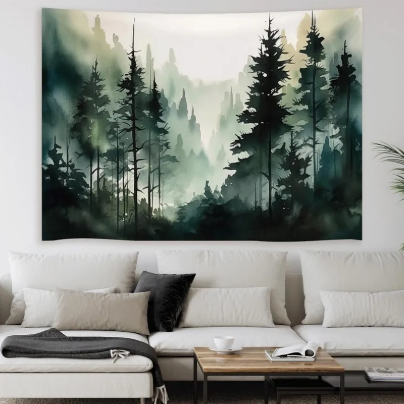 VIKAMA Watercolor Mist Pine Forest Tapestry Natural Landscape Wall Hanging Room Decoration Home Decoration