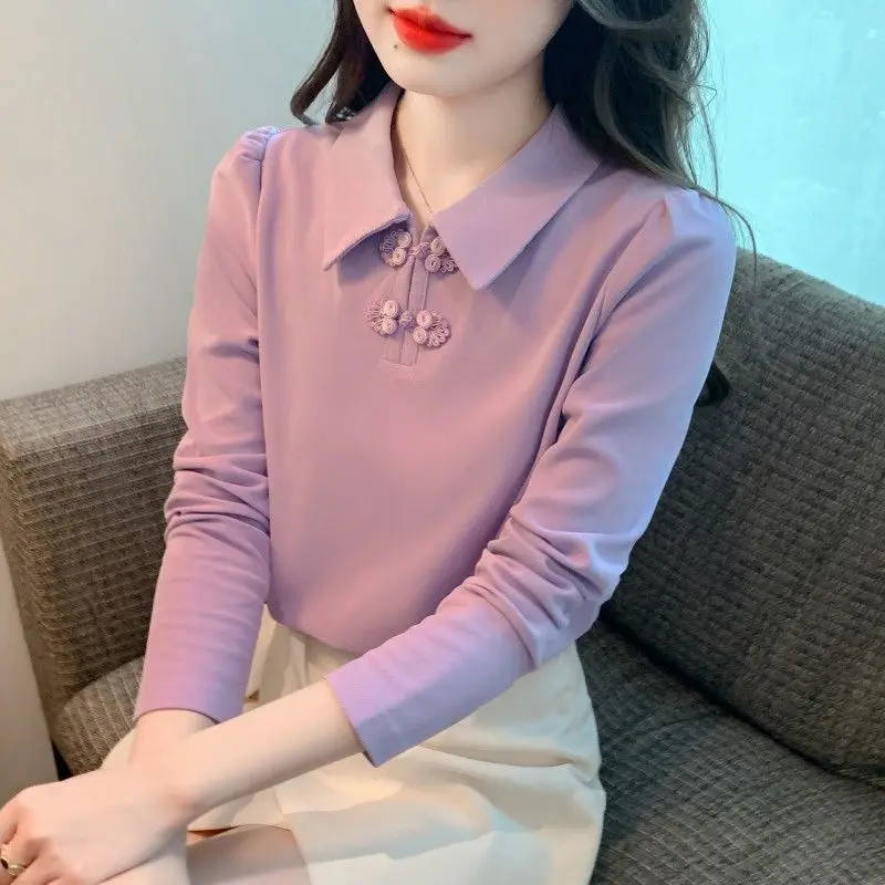 2026 delle nuove donne di stile cinese colletto polo T-shirt rana bottone foderato in pile manica lunga caldo top termico per l'autunno inverno