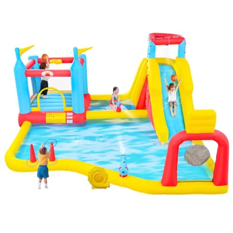 Opblaasbaar springkasteel met ventilator Springkasteel met klimmuur Dubbele basketbalhoepels Dartbord Ring Toss