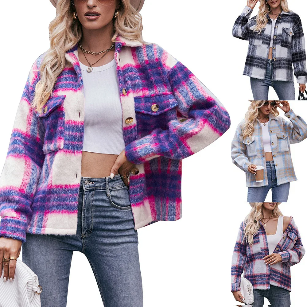 2024 Autumn Winter Women Short Coats Female Checkered Mohair Woolen Thick Jacket Single-breasted Warm Outwears Women's Clothing