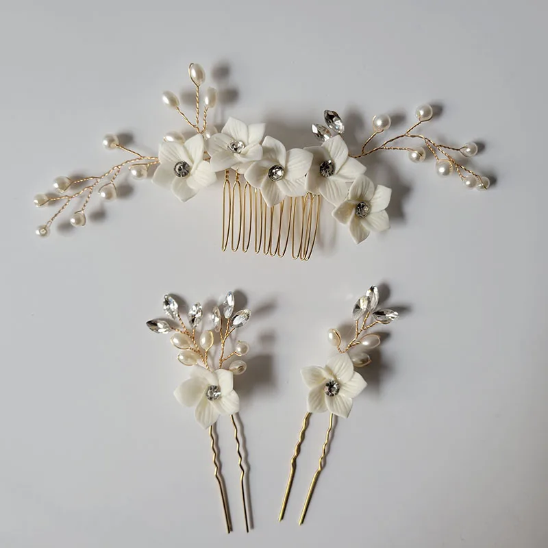 SLBRIDAL Handmade Ceramic Flower Leaf Pearls Bridal Headband Hair Comb Hair Pin Wedding Headpiece Hair Accessories Women Jewelry