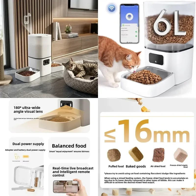 Anti-Jam Dual Bowl Smart Pet Feeder 6L Visual Food Tank Dual Power Automatic Feeder with APP Remote Control