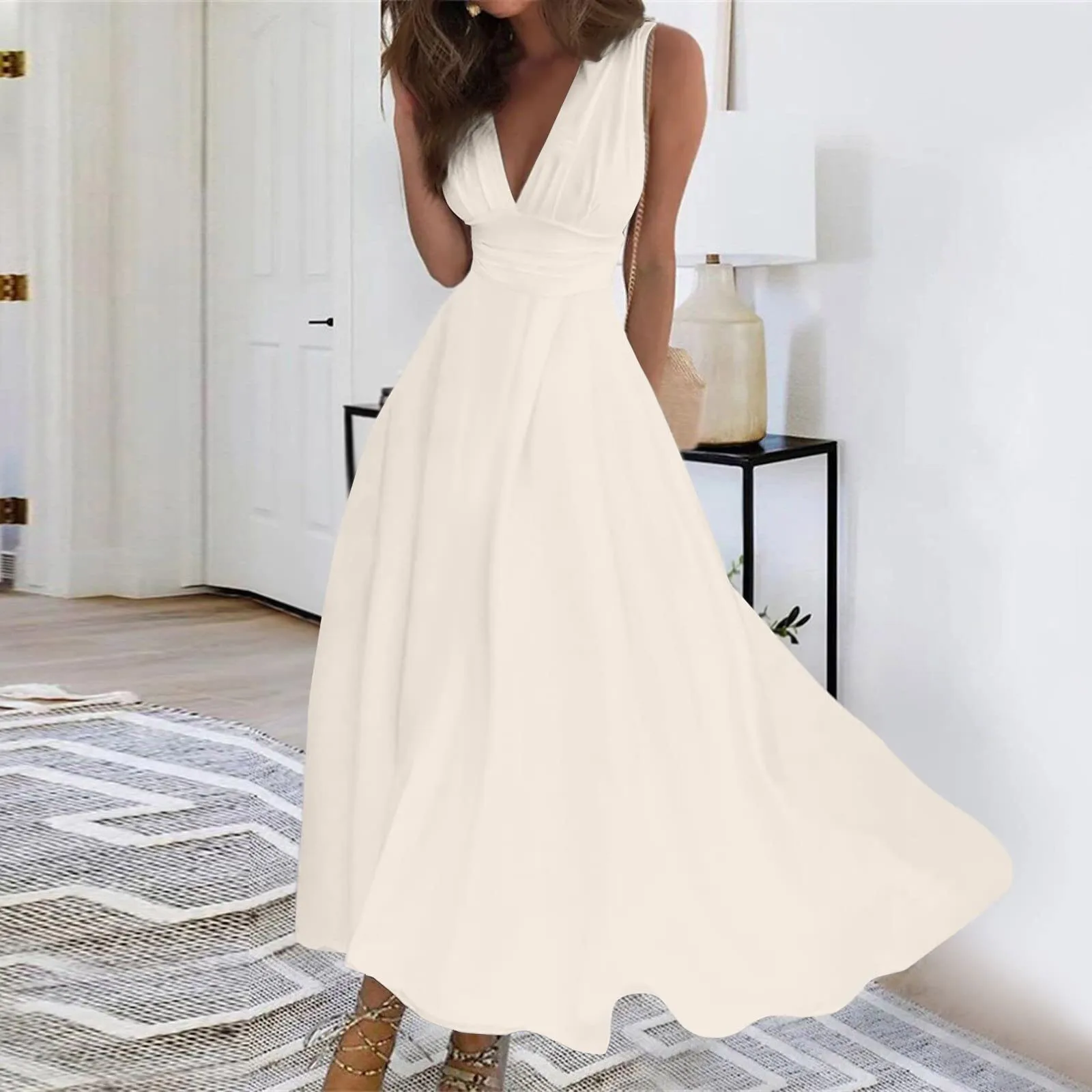 

Spring Summer Elegant Party Long Dress For Women Sexy Deep V Neck Sleeveless Slim White Casual Boho Maxi Dresses 2024 Robe Femme