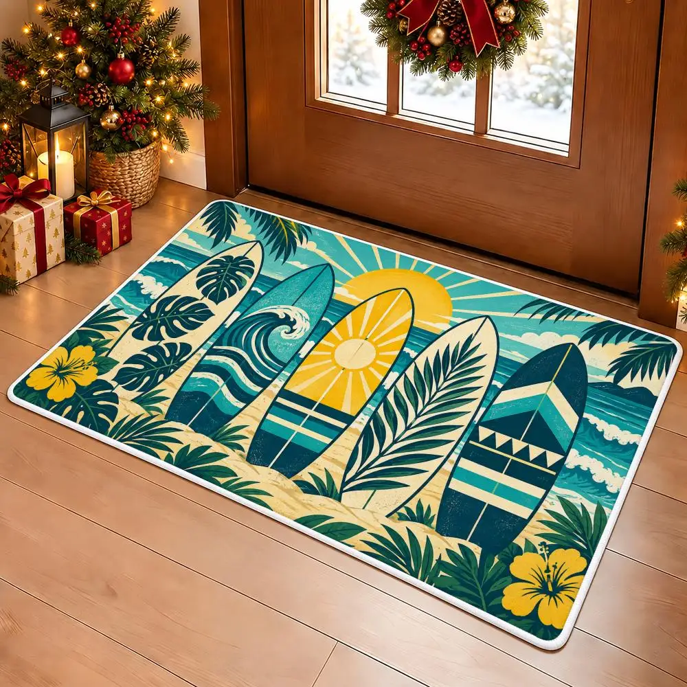 Coastal Surfboard Beach Floor Mat Soft Non Slip Flannel Door Mat for Bathroom Kitchen Bedroom Home Decor