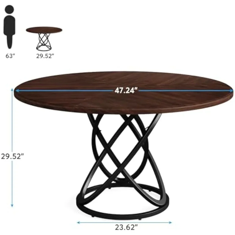 Round Dining Table for 4-6 People, 47 Inch Dinner Tables Circle Kitchen Tables with Metal Base, Wood Dining Room Table