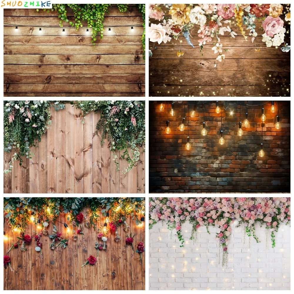 

Wooden Board Flower Photography Backdrop Wood Brick Wall Wedding Bridal Shower Baby Birthday Party Decor Background Photo Studio