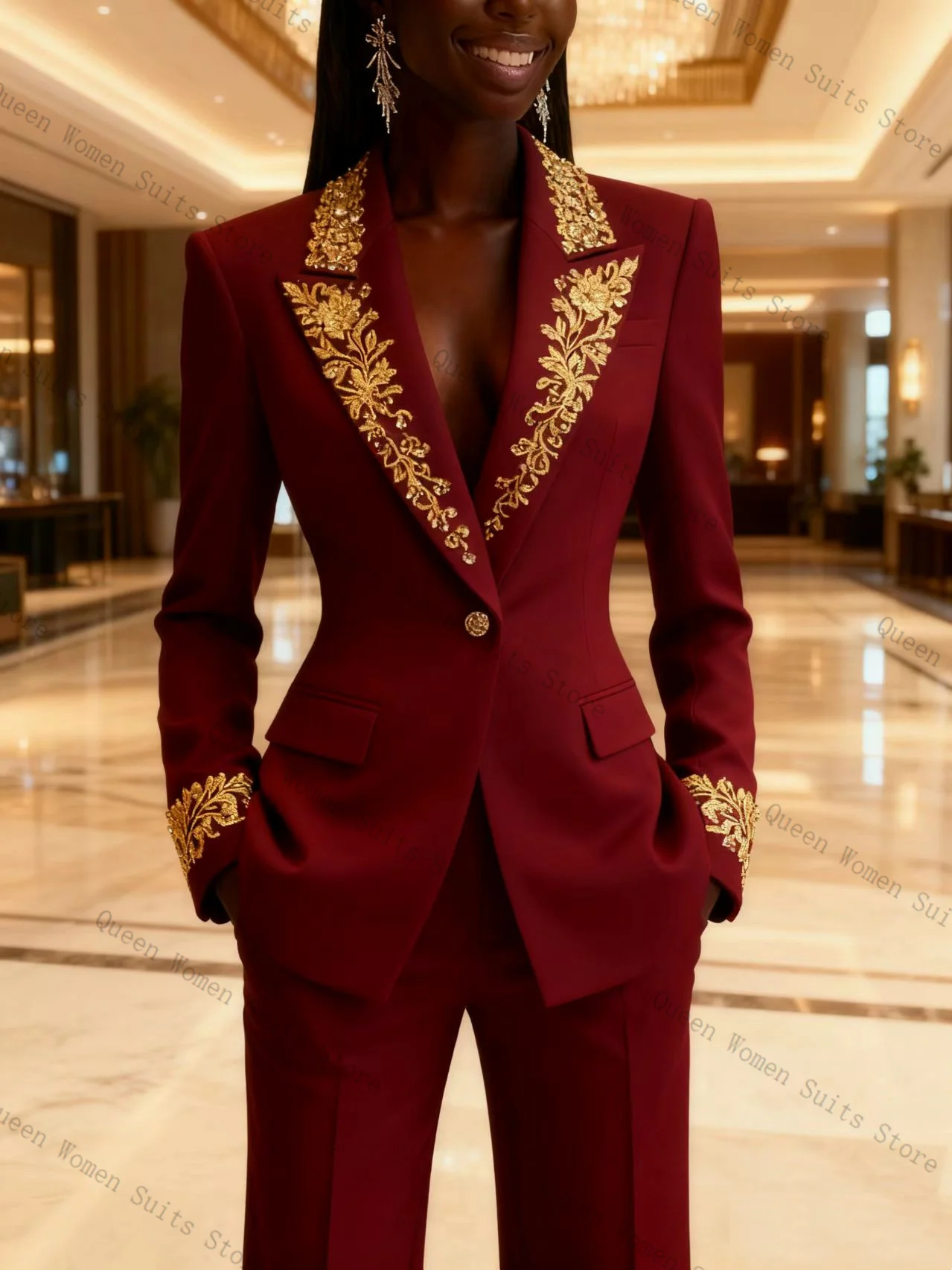 

Burgundy Women Suit Pants Set 2 Pcs Blazer+Pants Trousers Appliqued Cotton Formal Office Lady Jacket Wedding Coat Customized