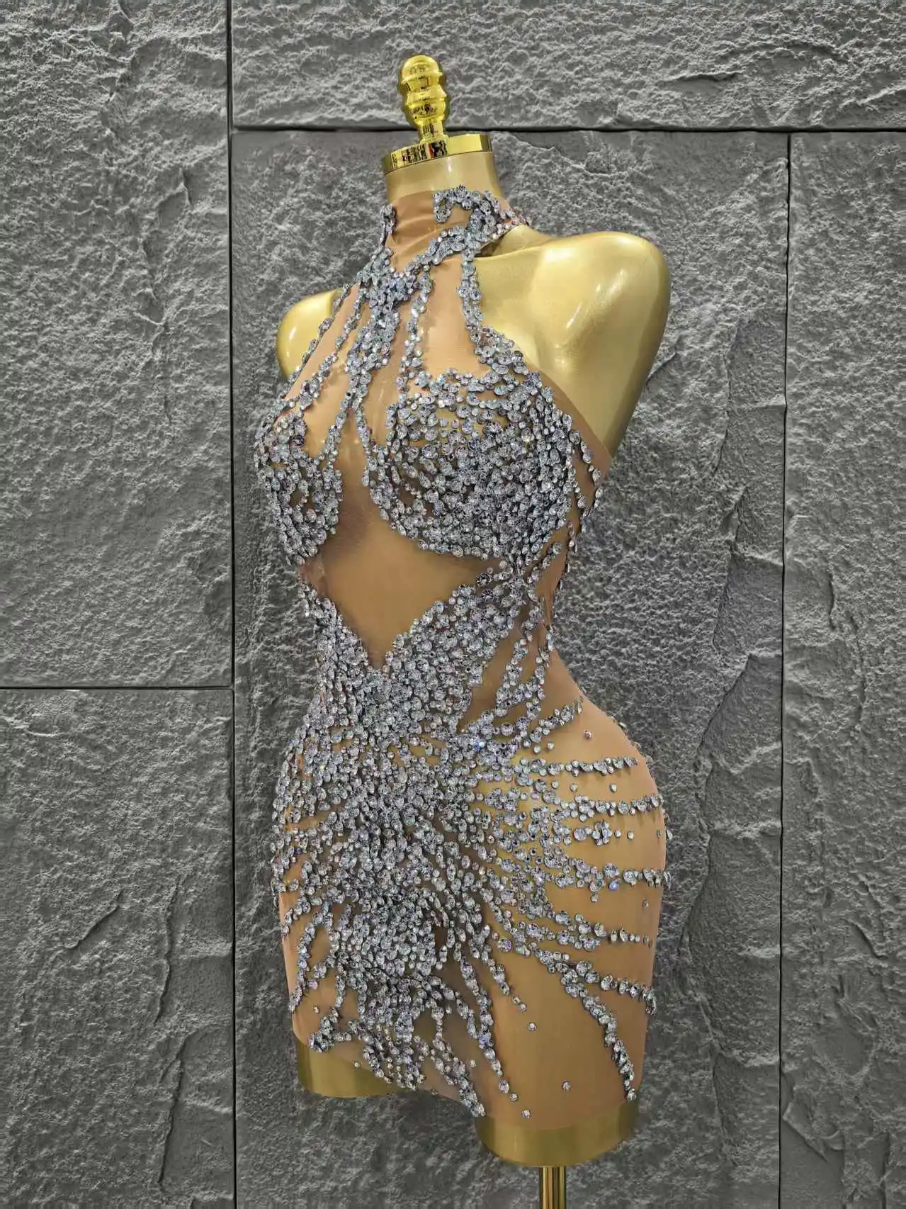 Luxury Rhinestones Mesh Transparent Prom Mini Dress Shinny Women Birthday Celebrate Party Prom Nightclub Outfit Stage Costume