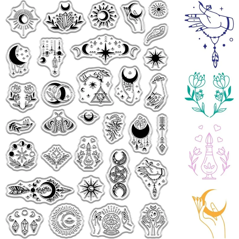 1pc Sonne Mond Klare Stempel Wahrsagerei Magische Hand Motte PVC Wiederverwendbare Vintage Hintergrund Poststempel Transparente Gummi Stempel Siegel