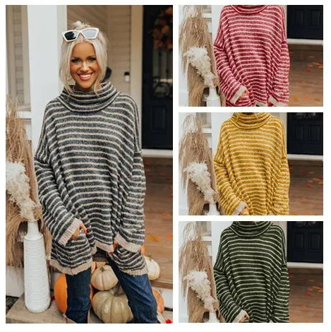 

Women Pullovers Striped Sweaters Knitted Tops Turtleneck Full Sleeve Splice Loose Casual Jumpers Autumn Winter Maxi Office