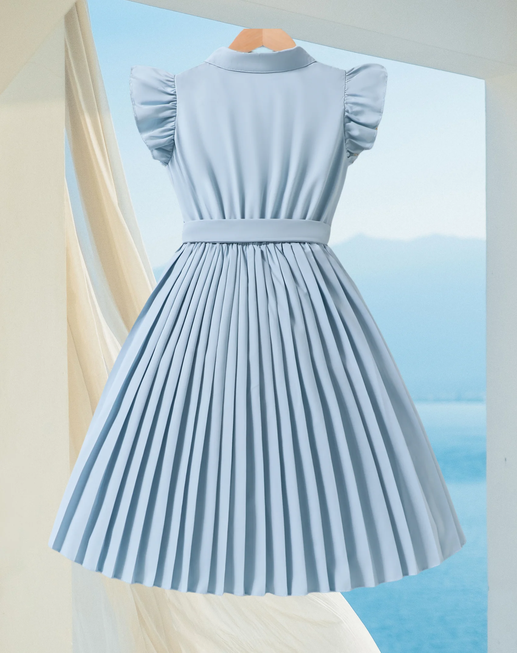 Summer girls gentle elegant lapel breasted French shirt style pleated skirt simple blue dress