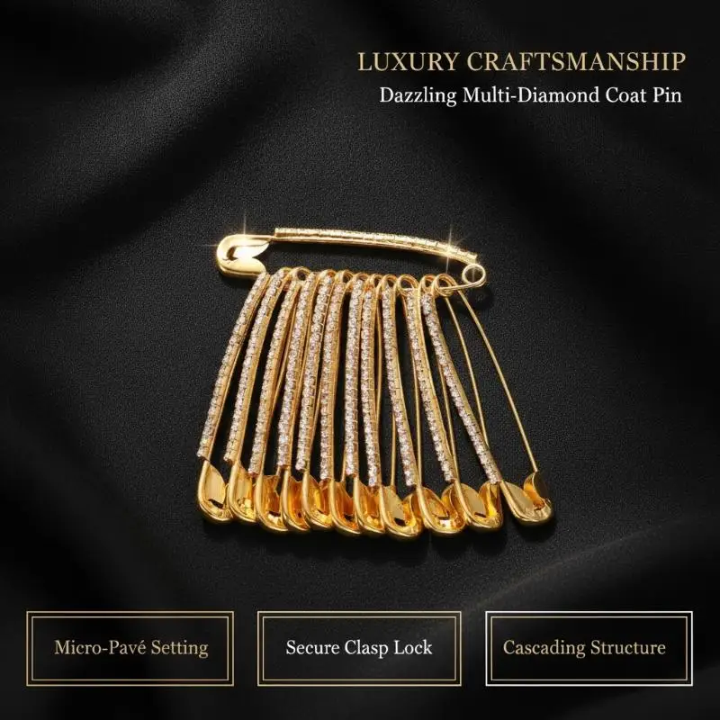 12Pcs Fashion Rhinestone Safety Pin Brooches Gold Silver Sparkly Tassel for Scarf Jacket Decoration