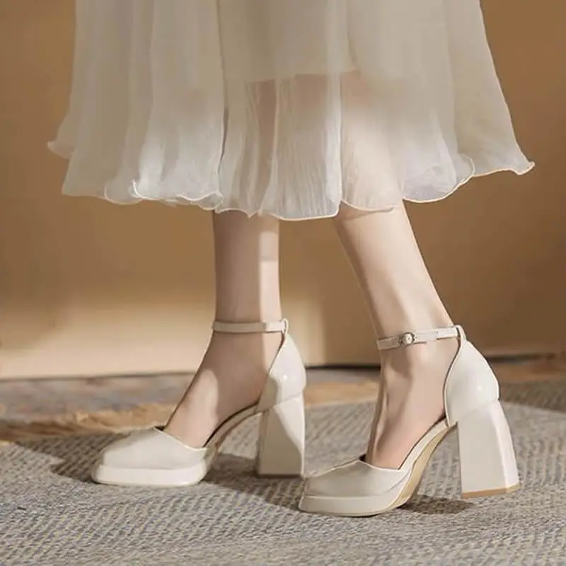 Closed Shoes Hollow 2024 Platform Heels Brief Pumps Square Toe Chunky Sandals Latest Footwear Shallow Mouth Straps Fine Beige