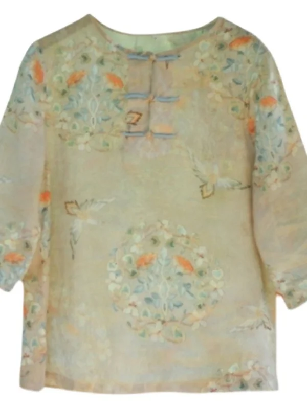 Retro Baumwolle Leinen irt Damen Frühling Sommer New Sle National Print Buttoned Svel Top Loose Fit rund Ne irt