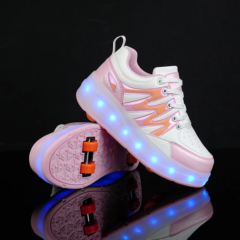 New girls\' luminous walking shoes Roller skates boys\' double wheel invisible skates students can walk with light wheel shoes