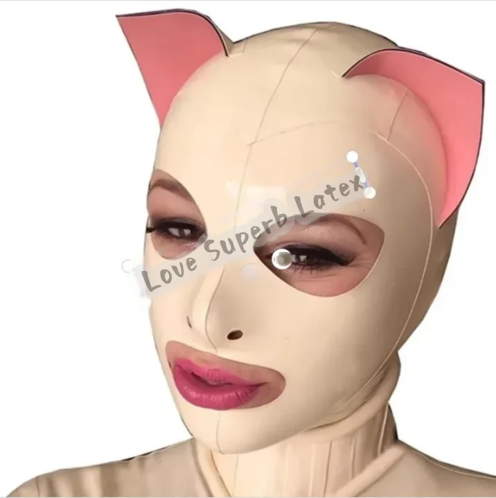 

Latex Hood with Cat Ears Back Zip Handmade Sexy Fetish Rubber Mask Cosplay Wear Halloween Costumes for Women