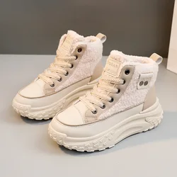 2025 Winter New Womens Shoes Fluffy High-top Cotton Boots Warm Snow Boots Flat Short Boots Female Thick Lace-up Casual Sneakers