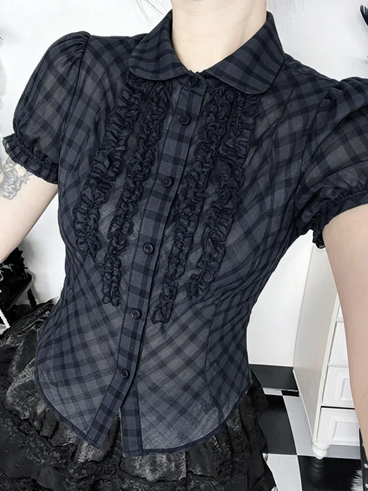 

Women Black Gothic Style Summer Short Sleeve Blouse Woman Blouse Shirt Gothic Elegant Work Shirt Top Blusas Mujer De Moda
