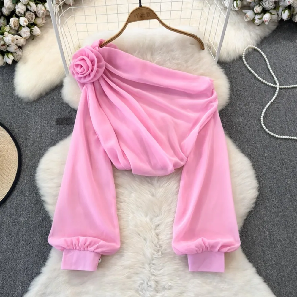 

Женский шифоновый топ с открытыми плечами, асимметричный 3D-дизайн с цветами, свободный крой, нежный и элегантный