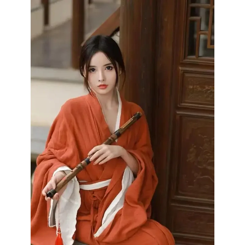 Vestido Hanfu de algodón y lino para mujer, traje tradicional chino de 2 uds, disfraz de Hanfu para Halloween, ropa para el hogar de otoño, bata roja de talla grande