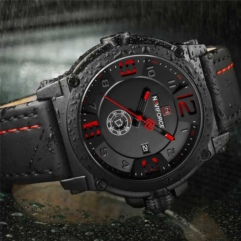 NAVIFORCE Fashion Sport 3ATM Waterproof Date Week Quartz Leather Men Watch Male Clock Hour Time Relogio Masculino 2018 Black New