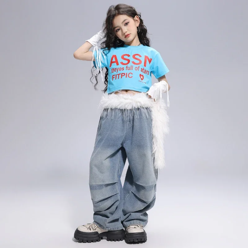 Hip hop meninas colheita topos denim calças de carga criança jazz corredores streetwear moletom crianças dança rua cheerleader conjuntos roupas