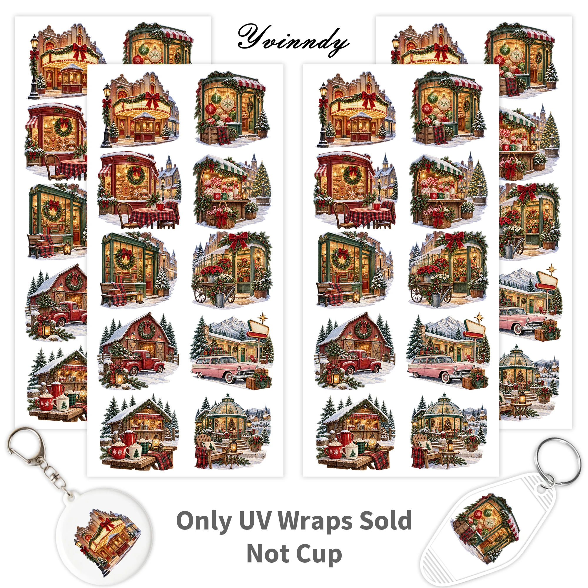 40pcs/set Retro Christmas Town DIY UV DTF Cup Stickers-High-Viscosity UV DTF Cup Stickers