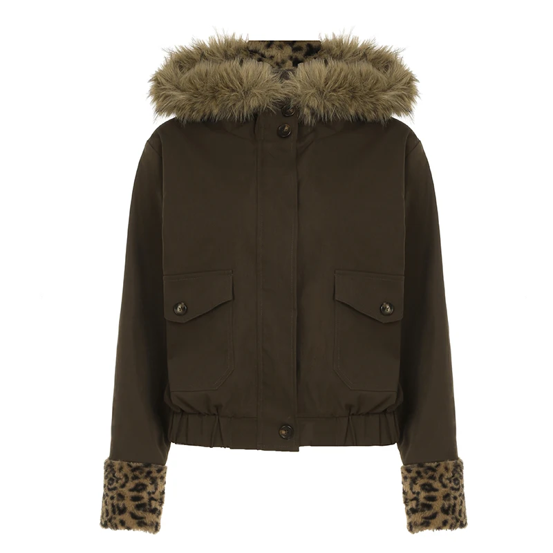 IAMHOTTY chaqueta de retales con estampado de leopardo, abrigo fino con capucha y cremallera de piel sintética marrón, cárdigan estilo Grunge para otoño e invierno, prendas de vestir exteriores Retro