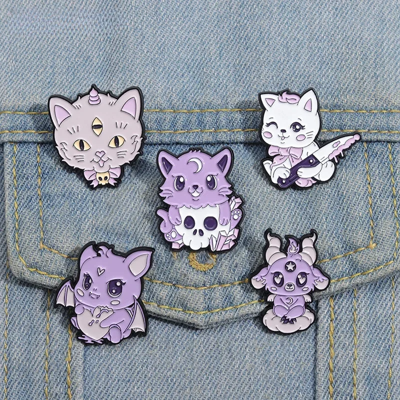 Cute magical animal enamel pin Purple bat cat goat style brooch Bag hat lapel decorative badge Halloween gift. Jewelry wholesale