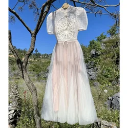 New Elegant Women Dress Lace Flower Embroidery Turn-down Neck Bodycon Lady Clothing Summer Vintage Party Vestido Luxury Design