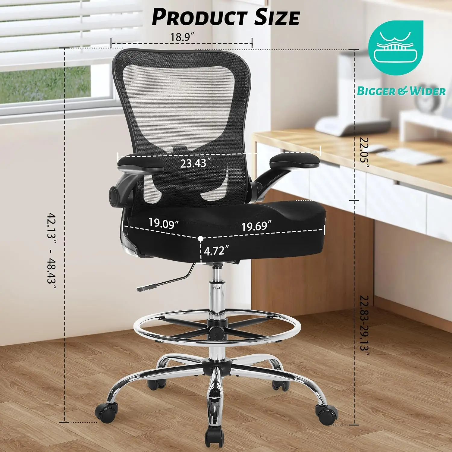 500LBS Ergonomic Drafting Chair Tall Office Chair for Counter Height or Standing Desk, Executive High Office Chairs with W-Shape