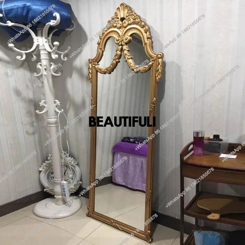 

RR European retro carved floor-to-ceiling golden wall-mounted clothing store model room cloakroom fitting mirror