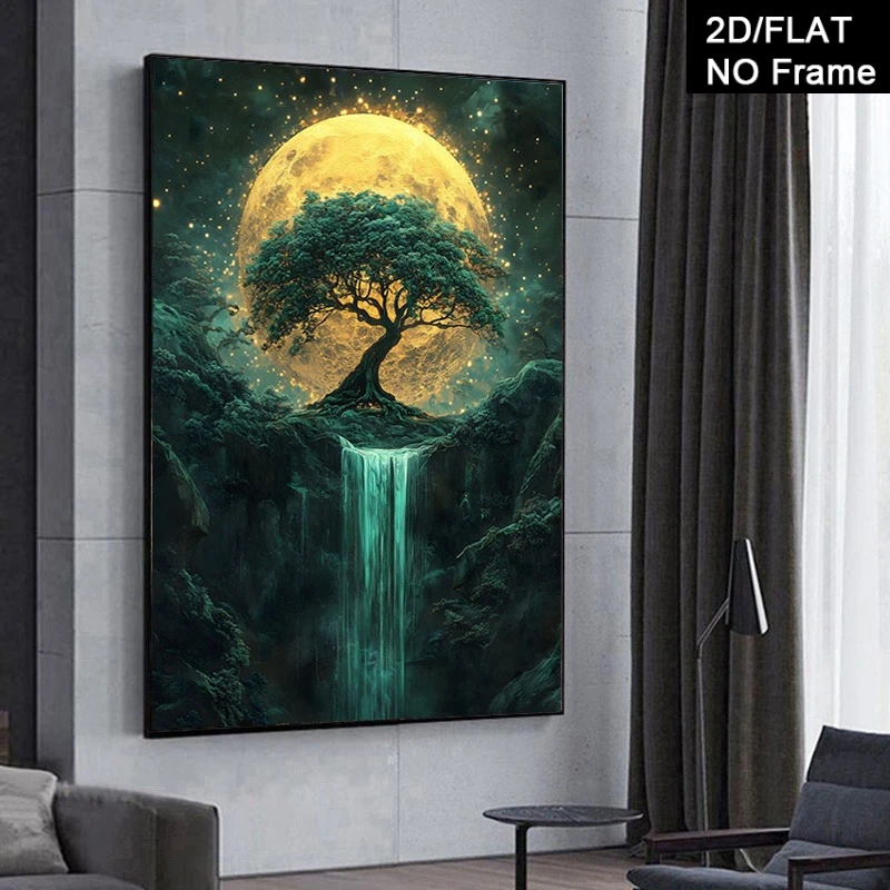 2D Flat, Frameless Abstract Landscape Tree Canvas Art Print - Modern Mystical Moonlit Forest Scene with Waterfall & Tree, High