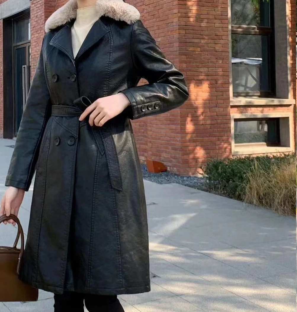 Women's 2025 Winter New Collection with Velvet Thickened Medium To Long Waist Windbreaker and Warm Wool Collar Coat