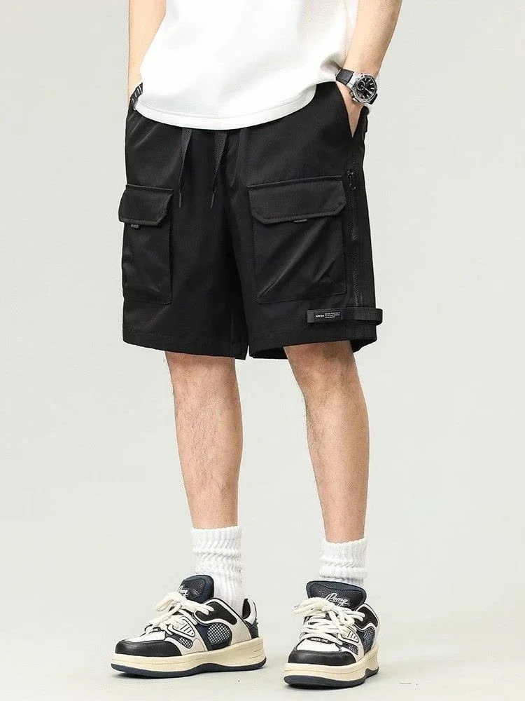 

С карманами Черные полумужские короткие брюки Свободные шнурки с широкой эластичной резинкой на талии Однотонные мужские шорты-карго Бермуды Мешковатые длинные длинные джерсы
