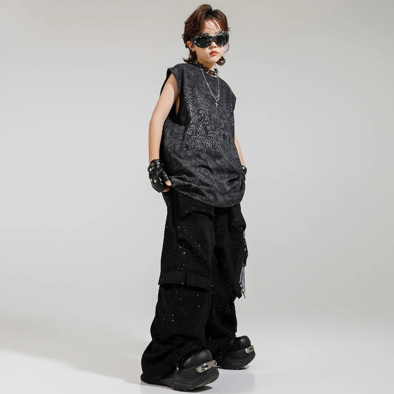 Jungen Hip Hop Dance Kostüm Sommer Schwarze Weste Baggy Hosen Glänzende Bühne Outfit Jazz Performance Kleidung Trend Straße Tragen BL16179