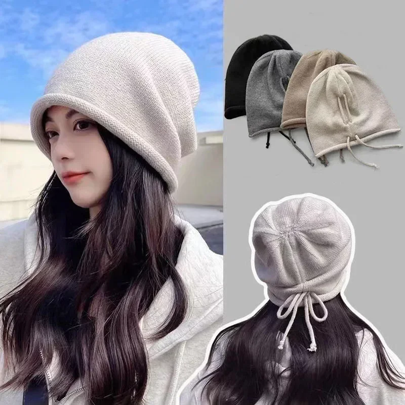 Drawstring Baggy Slouchy Beanie Bonnet For Women Autumn Winter Ear Keep Warm Skullies Cap Fashion Girl Kint Woolen Hat