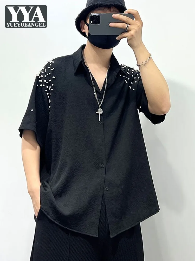 Mens Summer Irregular Pearls Spliced Black Casual Shirt Single Breasted Floral Loose Fit Tops Harajuku Party Oversized Shirts