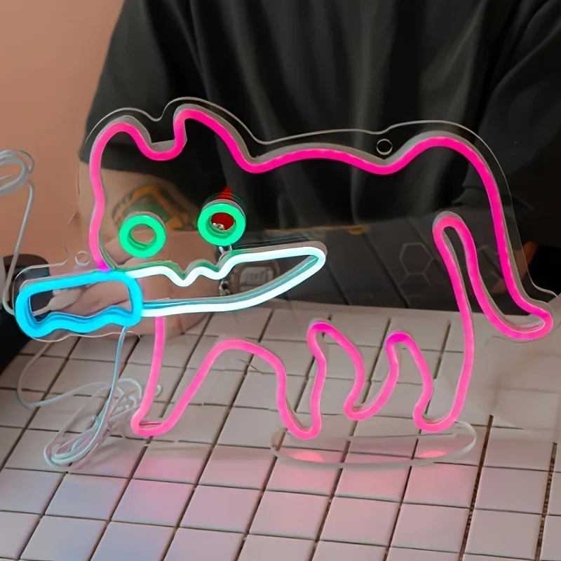 Cat With A Knife LED Neon Sign, For Wall Decoration, Wall Mounted Hanging Lights, Cartoon Cat LED Neon Sign