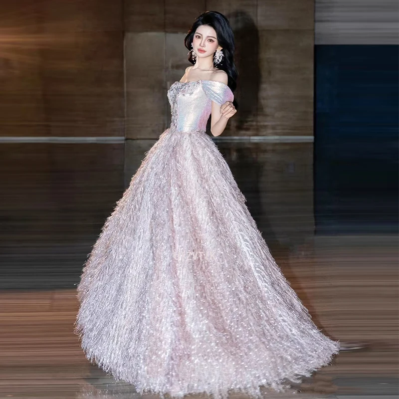 Strapless Tassels Wedding Dresses Women Pink Long Evening Party Gown Women Sexy Off Shoulder Formal Celebrity Dress 2025 New