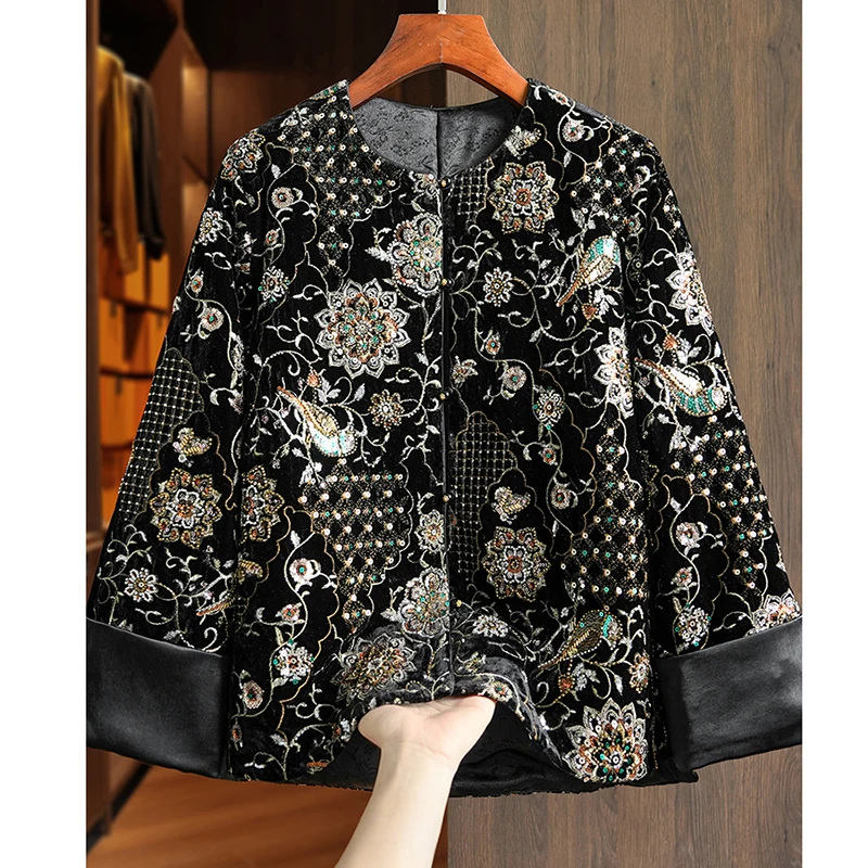 

Autumn and Winter High end New O-Neck Silk Velvet Fabric Beaded Embroidery Design Gorgeous Women's Cotton Jacket S-XL