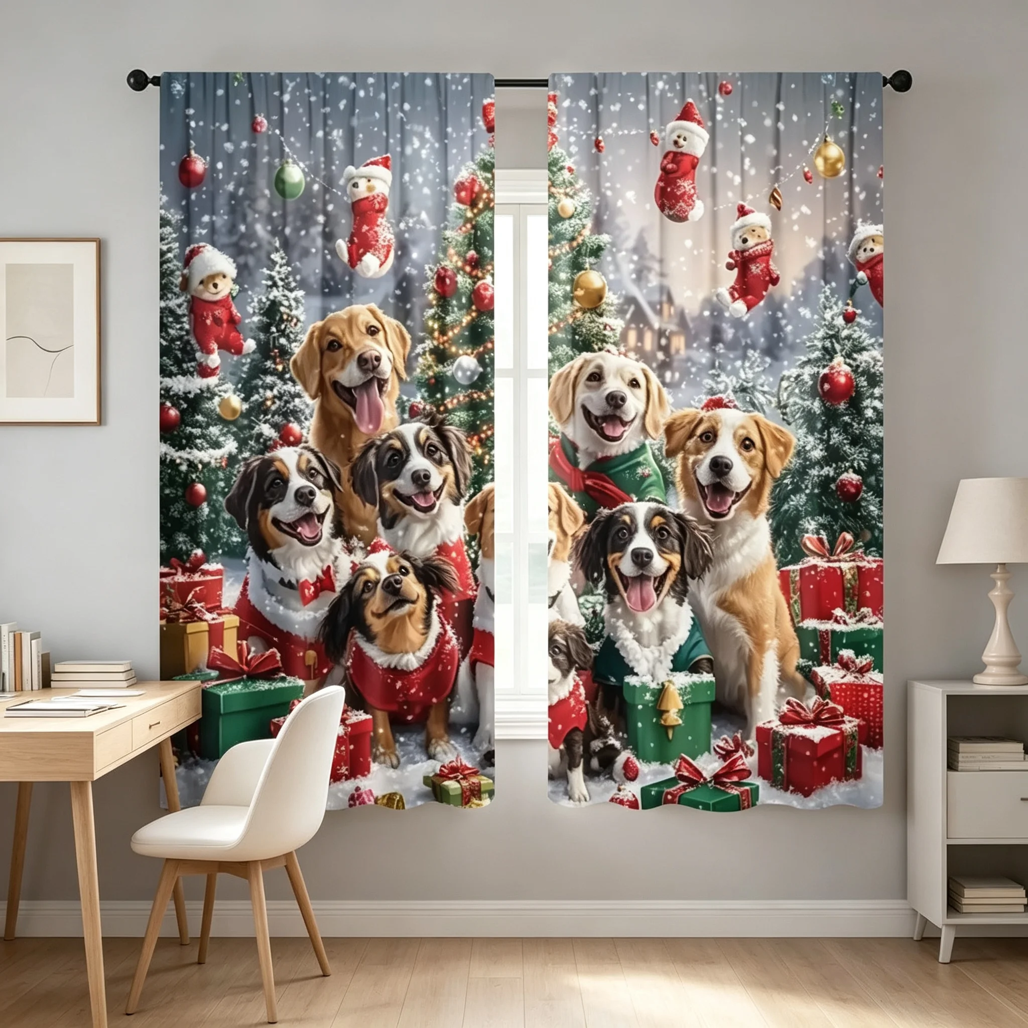 2PCS Christmas Curtains Dogs Xmas Tree Gift Box Stocking Snow Digital Print Drapes for Living Room Bedroom Pet Lover Decor