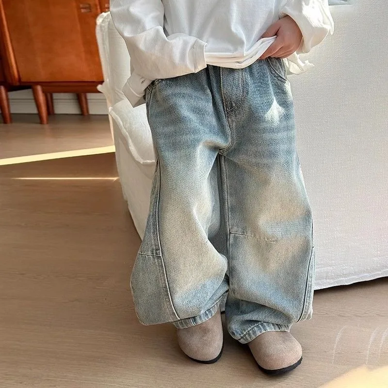 

Голубые джинсовые джинсы для мальчиков, новинка 2023 года, весна-осень, свободные повседневные брюки, крутая стильная уличная одежда